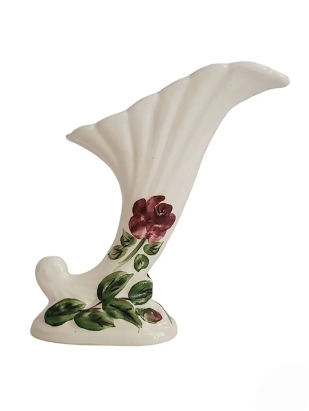 Hand Painted Cornucopia Vase Mid Century Horn of Plenty Decor Vintage MCM